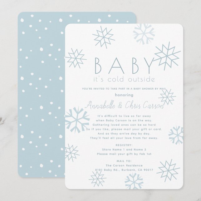 Snöflingor Baby dess Kall Blue Baby Shower med pos Inbjudningar (Fram/baksida)