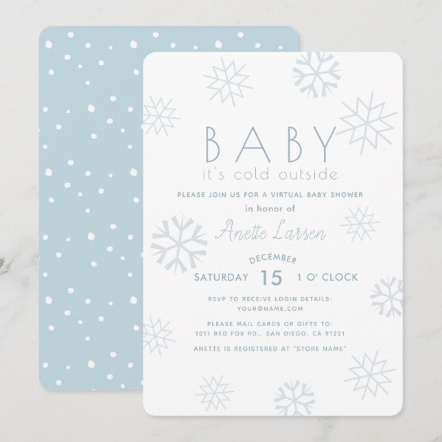 Snöflingor Baby dess Kall Blue Virtuell Baby Showe Inbjudningar (Fram/baksida)