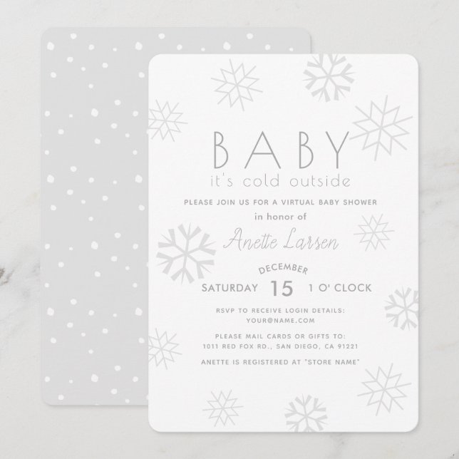 Snöflingor Baby dess Kall Grått Virtuell babystöve Inbjudningar (Fram/baksida)