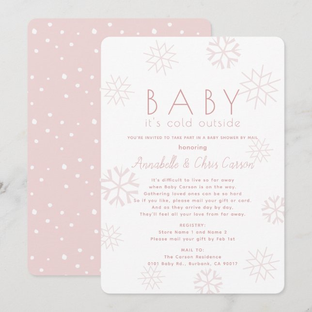 Snöflingor Baby dess Kall Rosa Baby Shower med pos Inbjudningar (Fram/baksida)