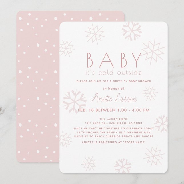Snöflingor Baby dess Kall Rosa Drive by Baby Showe Inbjudningar (Fram/baksida)