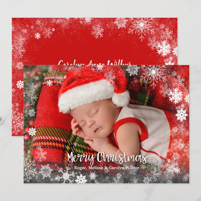 Snöflingor Baby Photo Tillkännagivande för födelse Julkort (Fram/baksida)