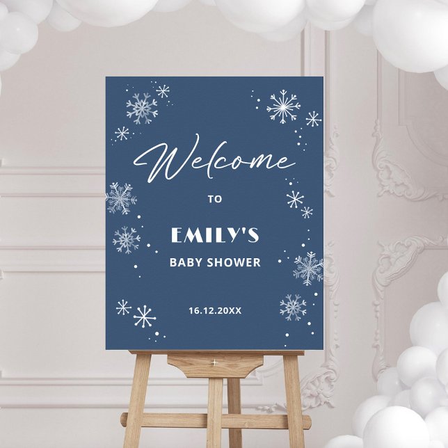 Snöflingor Baby Shower Blue Välkomsttecken Poster (Skapare uppladdad)