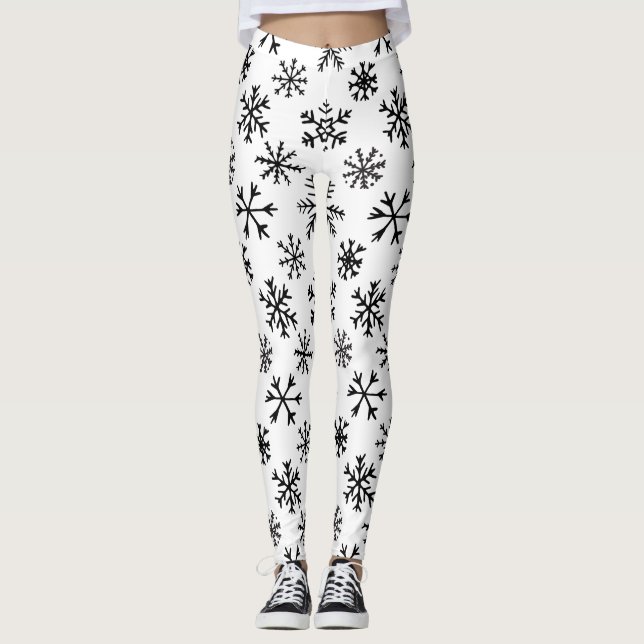 Snöflingor Black and White Mönster Leggings (Framsida)