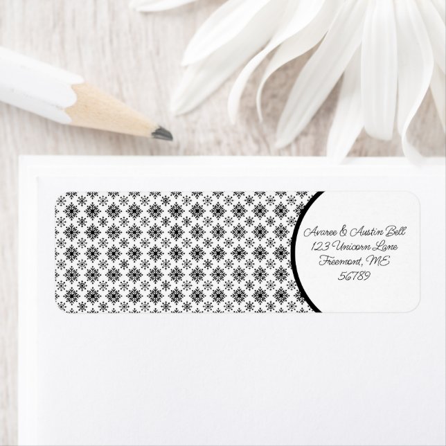 Snöflingor Black and White Returadress Etikett (Insitu)