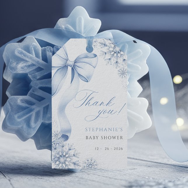 Snöflingor Blue Bow Baby Shower Presentetikett (Skapare uppladdad)