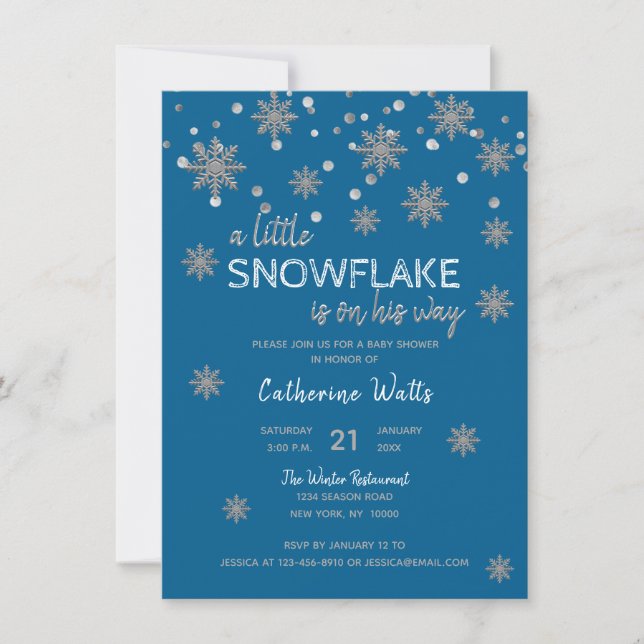 Snöflingor Blue Silver Grått BABY SHOWER| BOKFÖRIN Inbjudningar (Framsida)