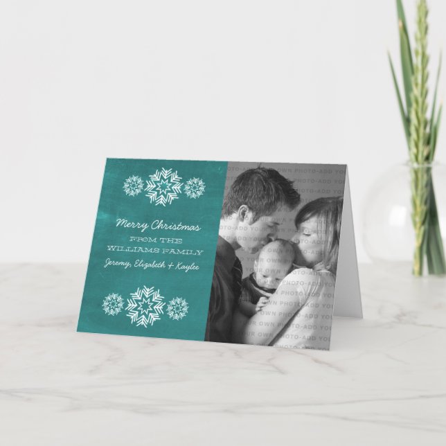 Snöflingor Chalkboard Photo Greeting Card, Teal Helgkort (Framsida)