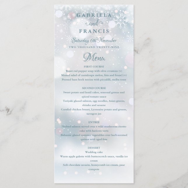 Snöflingor Elegant Winter Wedding Menu Meny (Framsida)