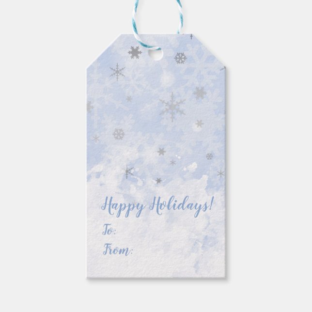 Snöflingor faux metall på baby blue färg Er text Presentetikett (Framsidan)