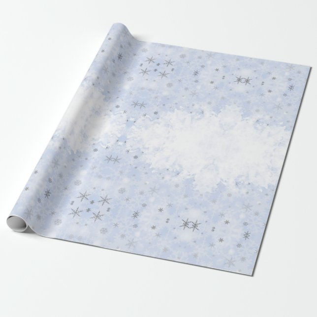 Snöflingor faux metall på baby blue pastel färg presentpapper (Utrullad)