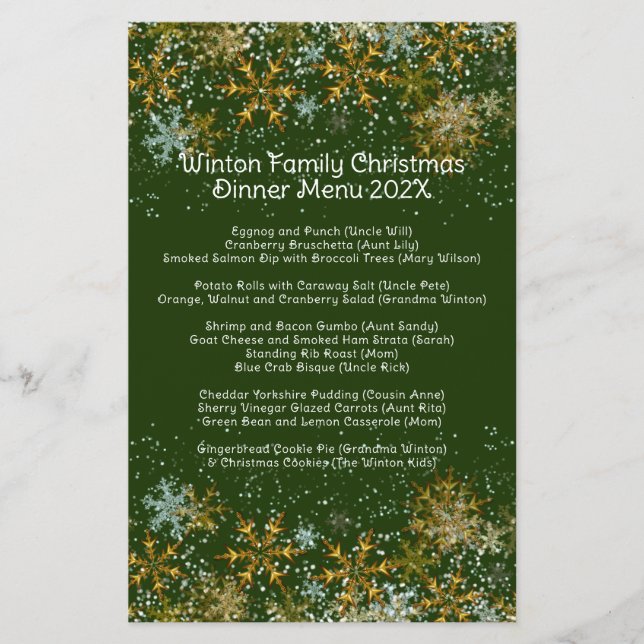 Snöflingor Flyer från -menyn för julmiddag (Framsidan)