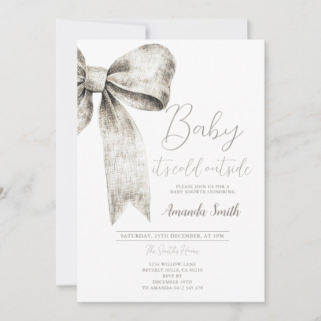 Snöflingor för babybabyskor för Winter Silver Bow Inbjudningar (Framsida)