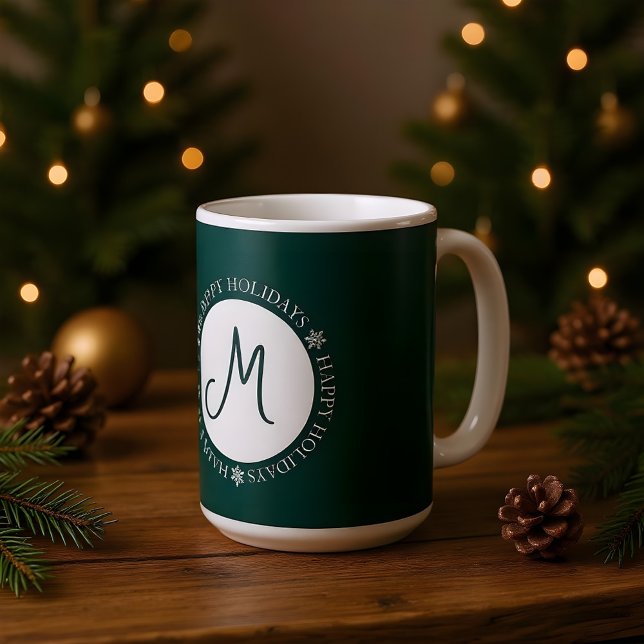 Snöflingor Glad helg Mörk grönt Monogram Kaffemugg (Skapare uppladdad)