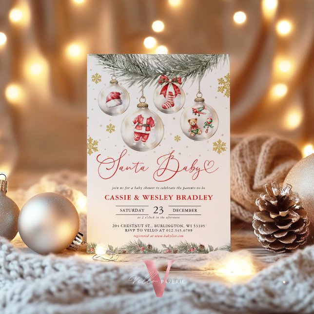 Snöflingor Glaskulor Jul Tomte Bebis Babyshower Inbjudningar (Skapare uppladdad)