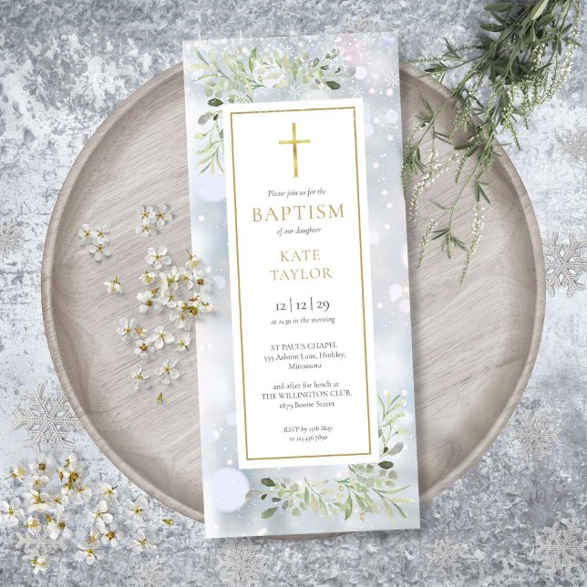 Snöflingor Greenery Winter Baptism Christening Inv Inbjudningar (Snowflakes Greenery Winter Baptism Christening Inv Invitation)