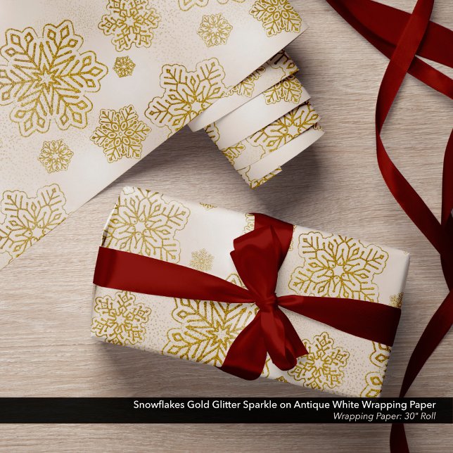 Snöflingor Guld Glitter Gnistra om Antique White Presentpapper (Antique White Wrapping Paper with Sparkling Gold Glitter Snowflakes)