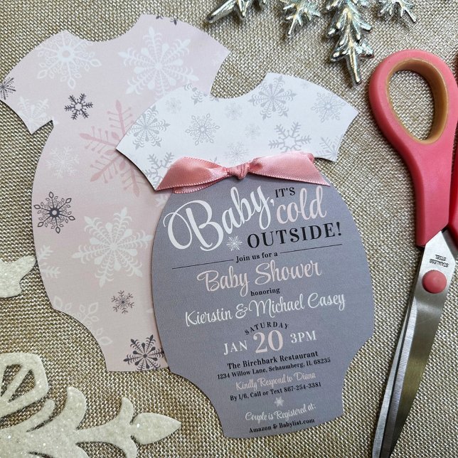 Snöflingor i Baby-Rosan för bodydräkt Inbjudningar (DIY Cut Your Own + Add your ribbon Baby Bodysuit Shape Invitation, Baby It's Cold Outside, Pink Girl)