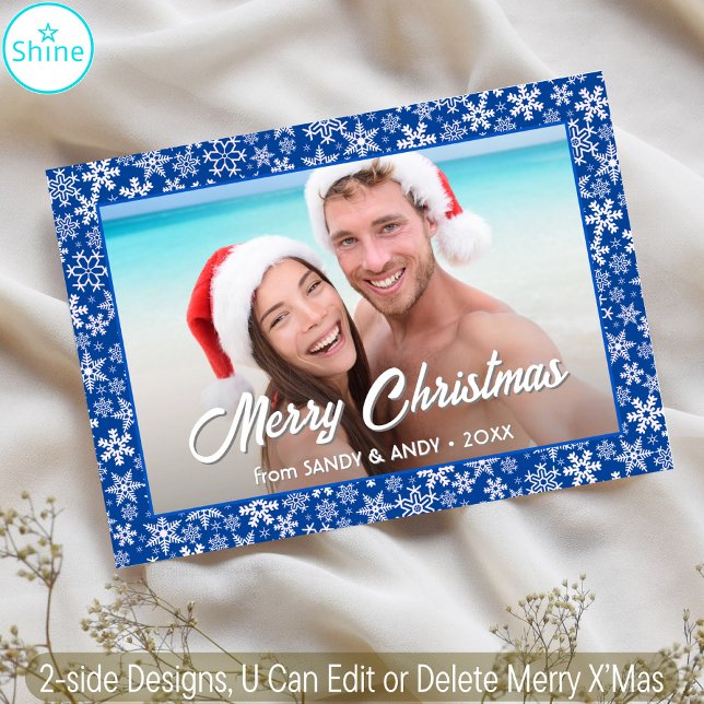 Snöflingor julfoto 2 Sideformeringsblå Julkort (Skapare uppladdad)
