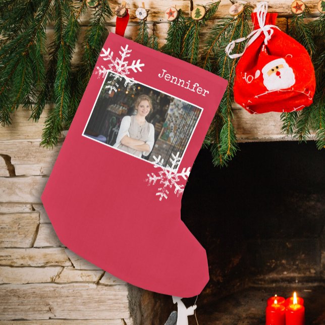 Snöflingor, Julfoto Red Distress Liten Julstrumpa (Distressed Rustic Snowflake design that can be personalized with a  photo and name monogram.)
