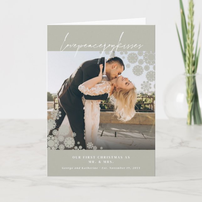 Snöflingor Kärlek Peace Joy Kisses Photo Bröllop Helgkort (Framsida)