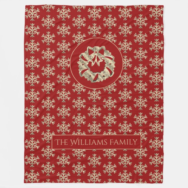 Snöflingor Mönster Röd och Guld julfrand Fleecefilt (Framsidan)
