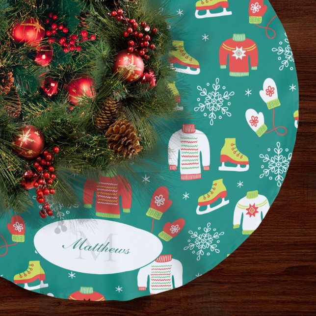 Snöflingor Mönster Teal Monogram-familjjulen Julgransmatta Borstad Polyester (Skapare uppladdad)