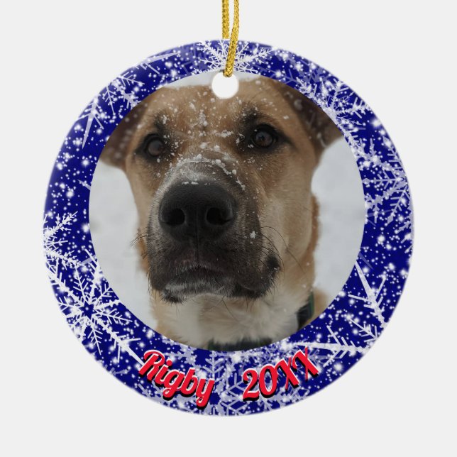 Snöflingor, namn, årsnummer, 2 foton julgransprydnad keramik (Framsidan)