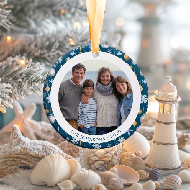 Snöflingor & Nautical Family jul, 2 sidor Julgransprydnad Keramik (Snowflakes & Nautical Family Christmas 2-Sided Ceramic Ornament)