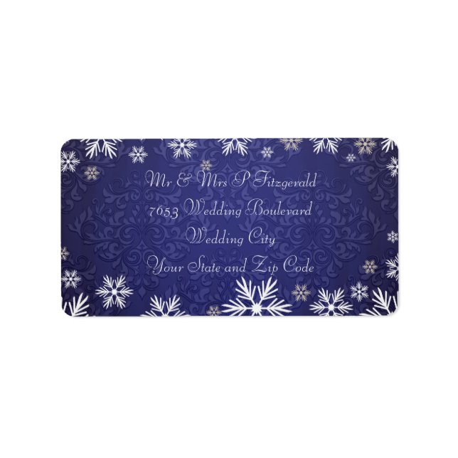 Snöflingor och Blue Damask Wedding Adressetikett (Framsidan)