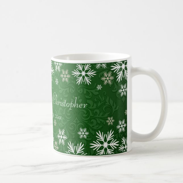 Snöflingor och grönt damastast bröllop kaffemugg (Höger)