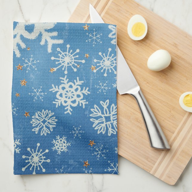 Snöflingor och Guld Stars på Blue Kitchen Kökshandduk (Vikt i Fjärdedel)