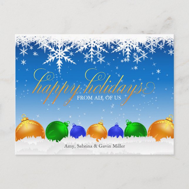 Snöflingor och julprydnader vykort (Framsida)