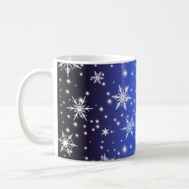 Snöflingor och miniatyrdiagram över marint blått l kaffemugg (Vänster)