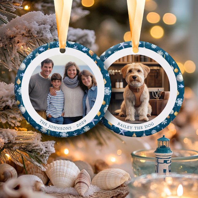 Snöflingor och Nautisk familj - jul 2 foton Julgransprydnad Keramik (Snowflakes & Nautical Family Christmas 2 Photos Ceramic Ornament)