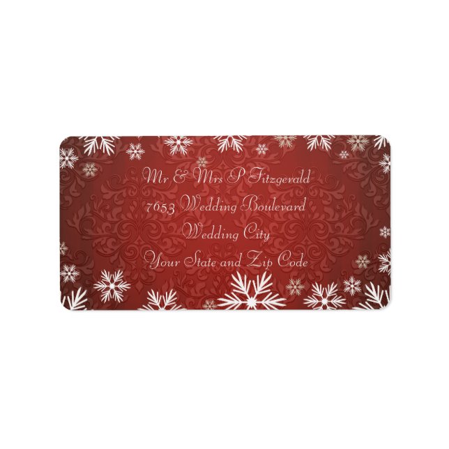 Snöflingor och Red Damask Wedding Adressetikett (Framsidan)
