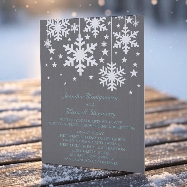 Snöflingor och Stars bröllopsinbjudan, Grått Inbjudningar (Gray Snowflakes and Stars Wedding Invitation)