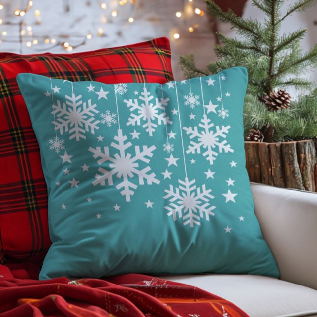 Snöflingor och Stars Pillow, Aqua Kudde (Aqua Snowflakes and Stars Christmas Throw Pillow)