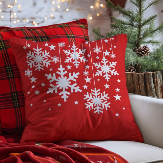 Snöflingor och Stars Pillow, Röd Kudde (Red Snowflakes and Stars Christmas Throw Pillow)