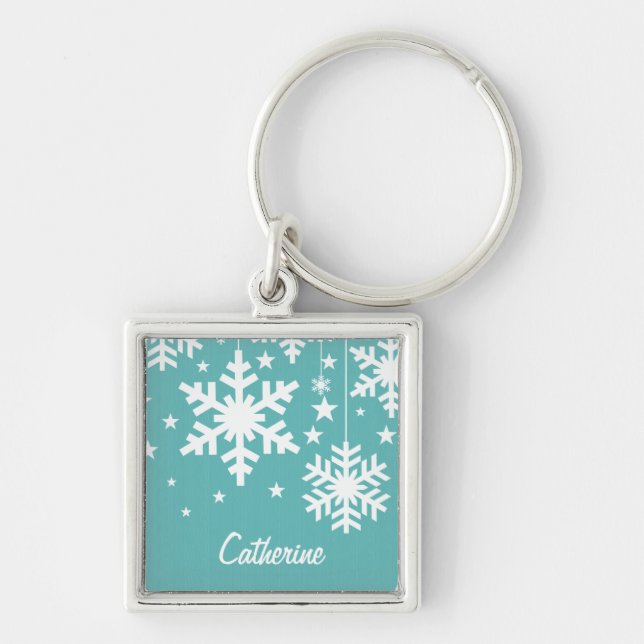Snöflingor och Stars Premium Keychain, Aqua Fyrkantig Silverfärgad Nyckelring (Framsidan)