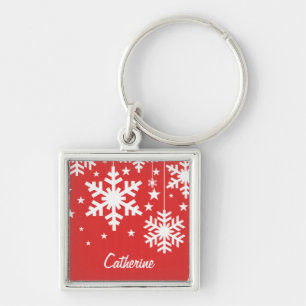 Snöflingor och Stars Premium Keychain, Red Fyrkantig Silverfärgad Nyckelring