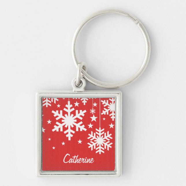 Snöflingor och Stars Premium Keychain, Red Fyrkantig Silverfärgad Nyckelring (Framsidan)