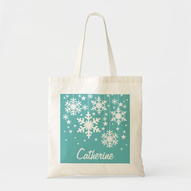 Snöflingor och Stars Tote Bag, Aqua Tygkasse (Framsidan)