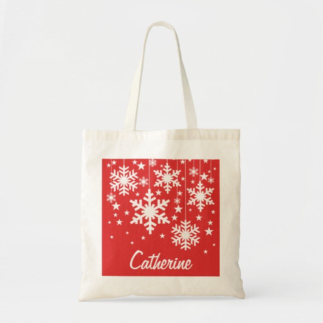 Snöflingor och Stars Tote Bag, Red Tygkasse (Framsidan)