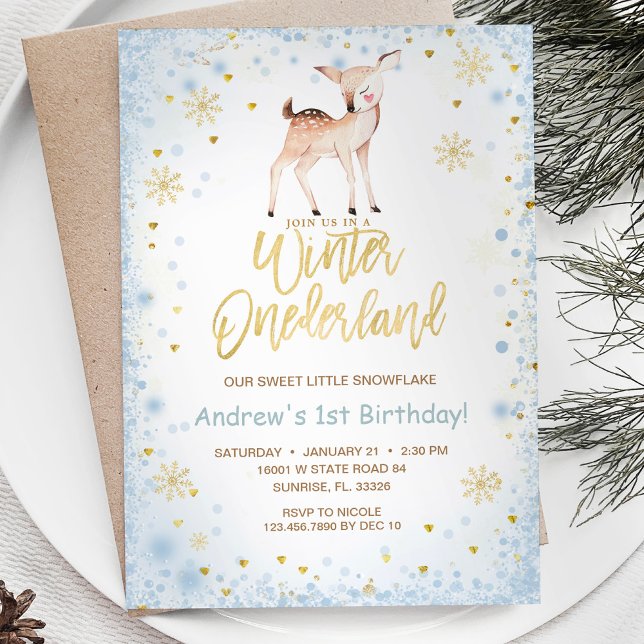 Snöflingor Onederland Juli Reindeer Birthday Inbjudningar (Skapare uppladdad)
