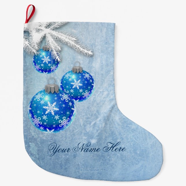 Snöflingor på blåttprydnadfrost stor julstrumpa (Framsidan)