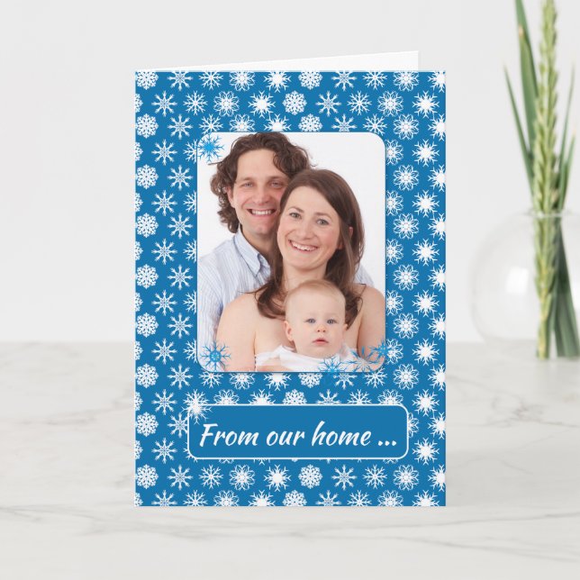 Snöflingor på Blue, Photo Helgdag från vårt hem Kort (Framsida)