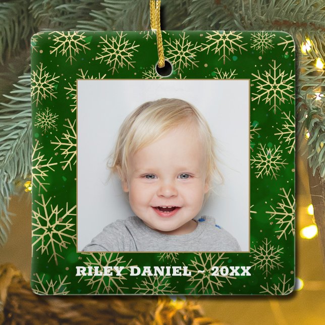 Snöflingor på Grönt Photo Julgransprydnad Keramik (Skapare uppladdad)