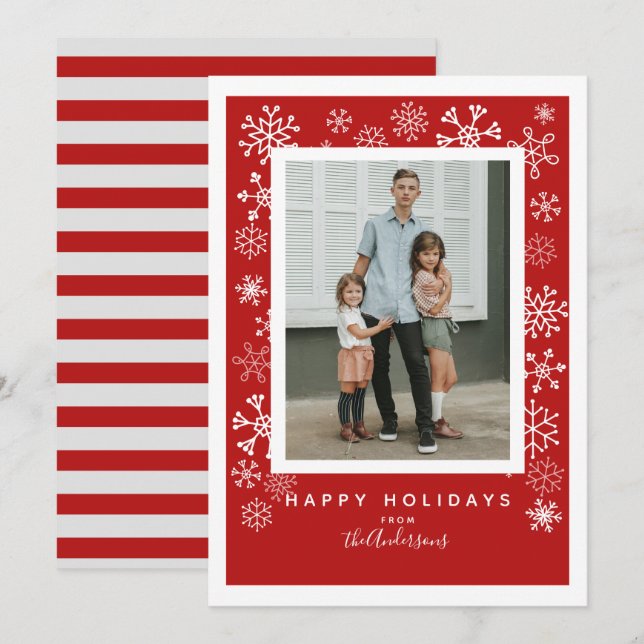 Snöflingor på Red Single Photo Jul Julkort (Fram/baksida)
