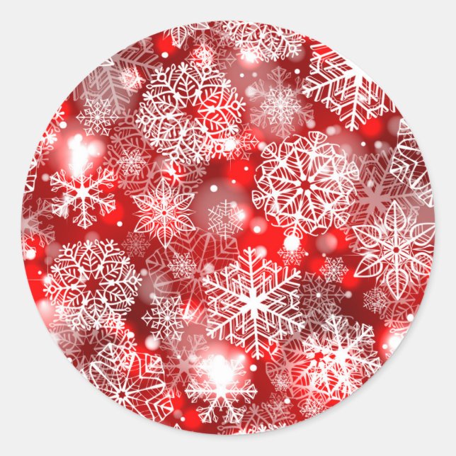 Snöflingor på rött runt klistermärke (Framsida)